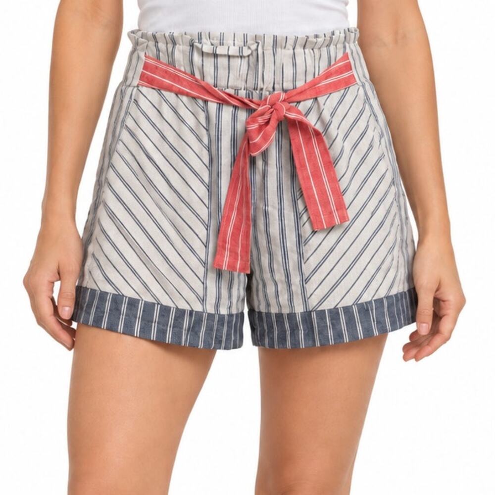 Cato Linen Blend Paperbag Waist Shorts Striped Tie Belt Women's Large NWT